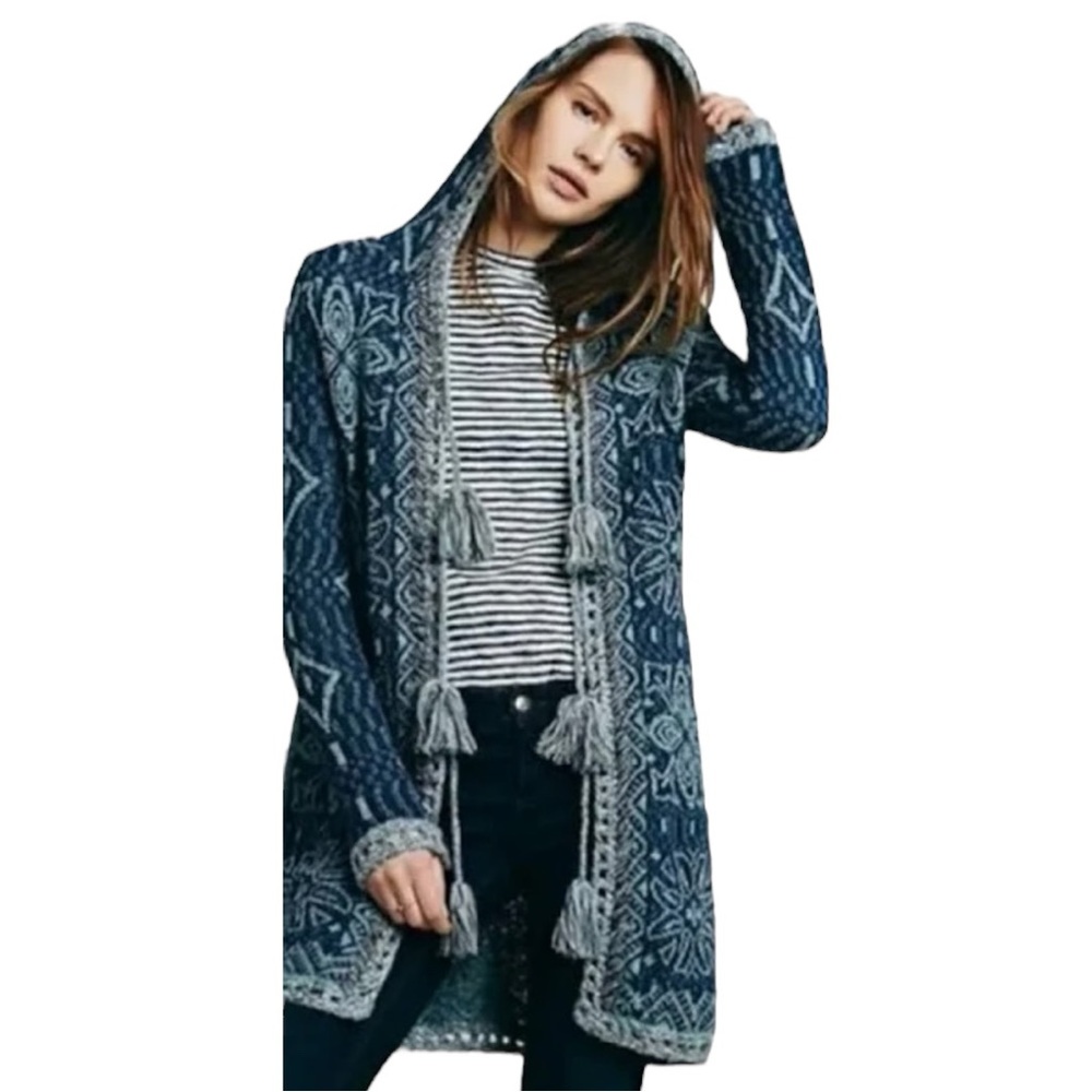 FREE PEOPLE Kai Tassel Pom Pom Hooded Cardigan Sweater Size Extra Small